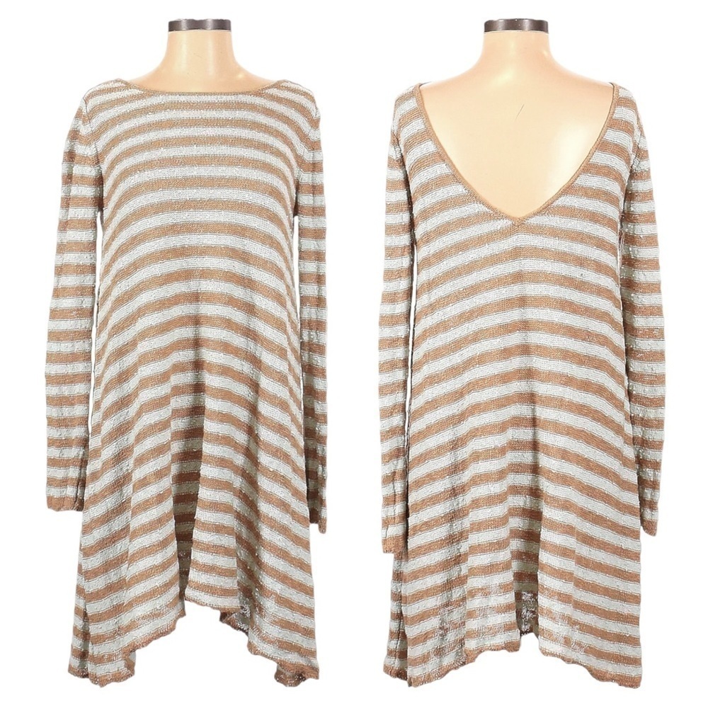 Free People Boucle Knit Flowy Boho Stripe Tan Mint Tunic Sweater Size XS L/S